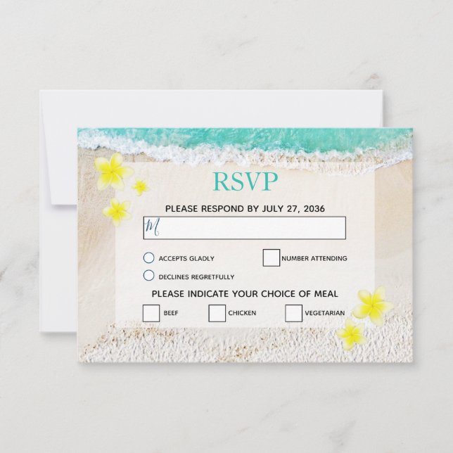 Yellow Plumeria Frangipani Tropical Beach Wedding RSVP Karte (Vorderseite)