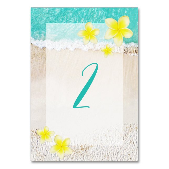 Yellow Plumeria Frangipani Tropical Beach Wedding Tischnummer (Vorderseite)