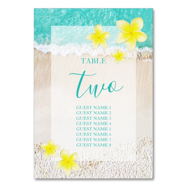 Yellow Plumeria Frangipani Tropical Beach Wedding Tischnummer (Vorderseite)