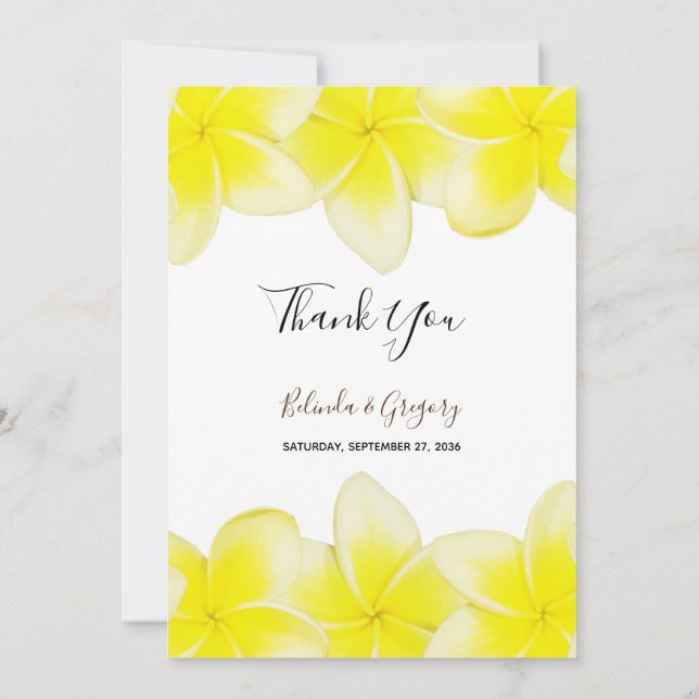 Yellow Plumeria Frangipani Wedding Dankeskarte (Rückseite)