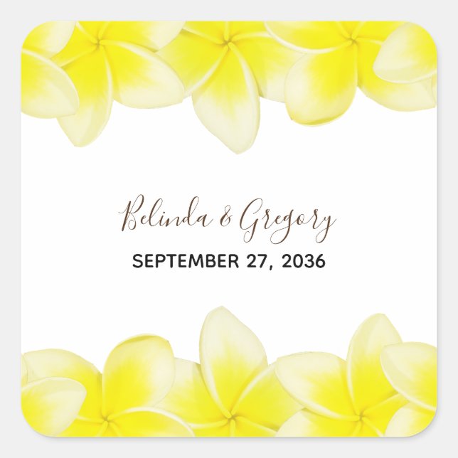 Yellow Plumeria Frangipani Wedding Quadratischer Aufkleber (Vorderseite)