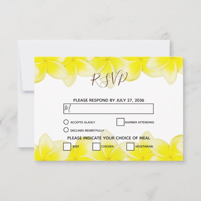 Yellow Plumeria Frangipani Wedding RSVP Cards (Vorderseite)