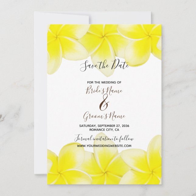 Yellow Plumeria Frangipani Wedding Save the Date (Vorderseite)