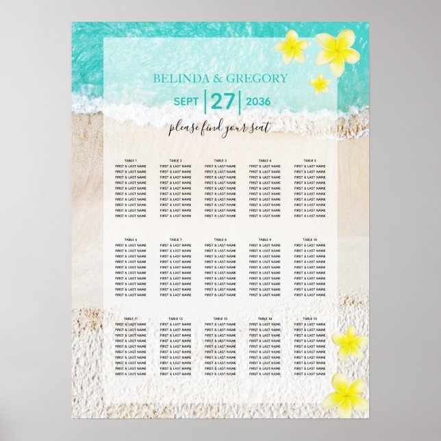 Yellow Plumeria Frangipani Wedding Seating Chart Poster (Vorne)