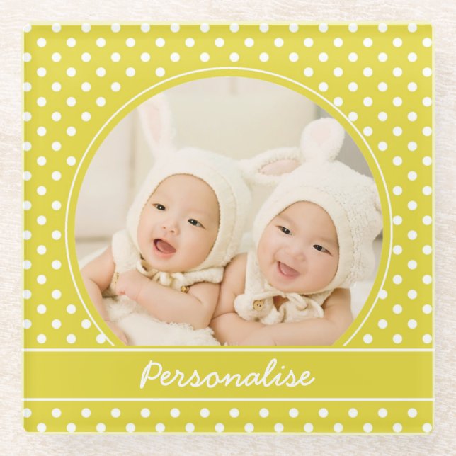 Yellow Polka Dot Custom Foto Personalize Glasuntersetzer (Vorderseite)