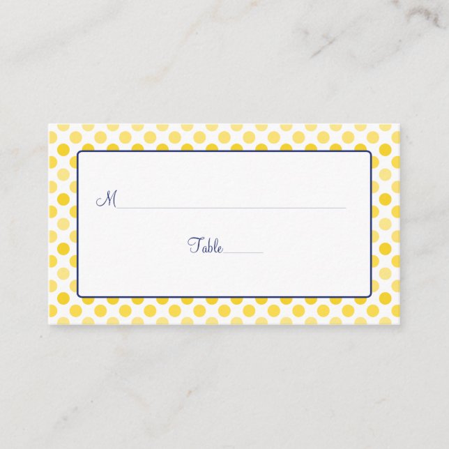 Yellow Polka Dot Navy Blue Wedding Platzkarten (Vorderseite)