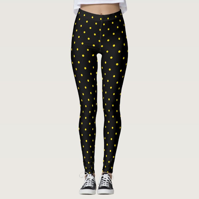 Yellow Polka Dot on Black Leggings (Vorderseite)