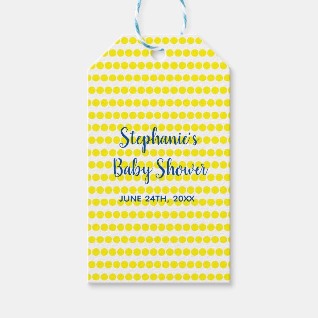 Yellow Polka Dots Blue White Baby Shower Niedlich  Geschenkanhänger (Vorderseite)