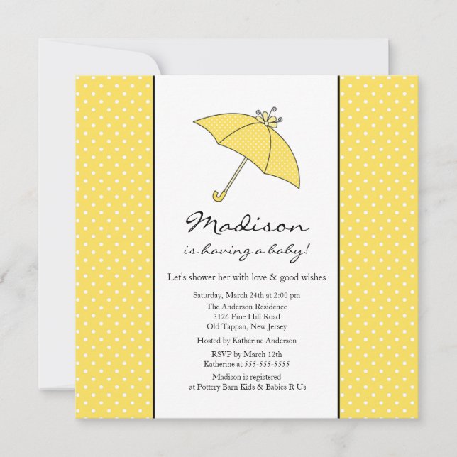 Yellow Polka Dots Umbrella Babydusche Einladung (Vorderseite)