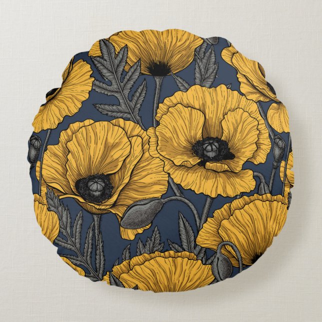 Yellow poppies on navy rundes kissen (Vorderseite)