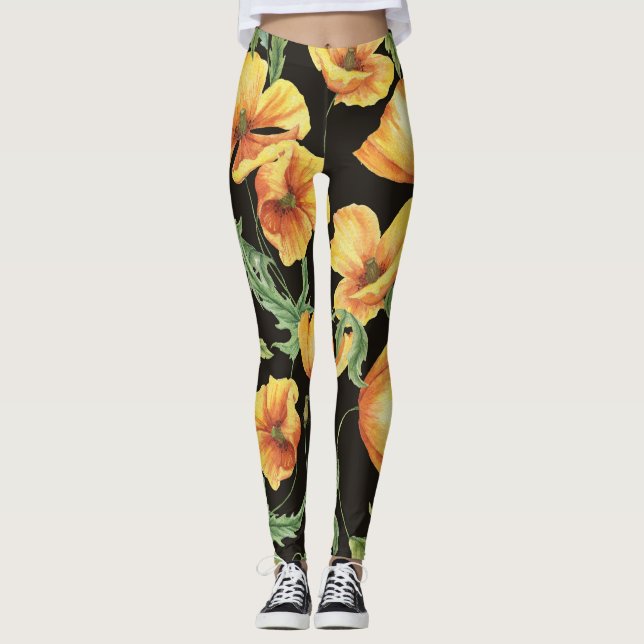 Yellow Poppy Watercolor Floral Pattern Leggings (Vorderseite)