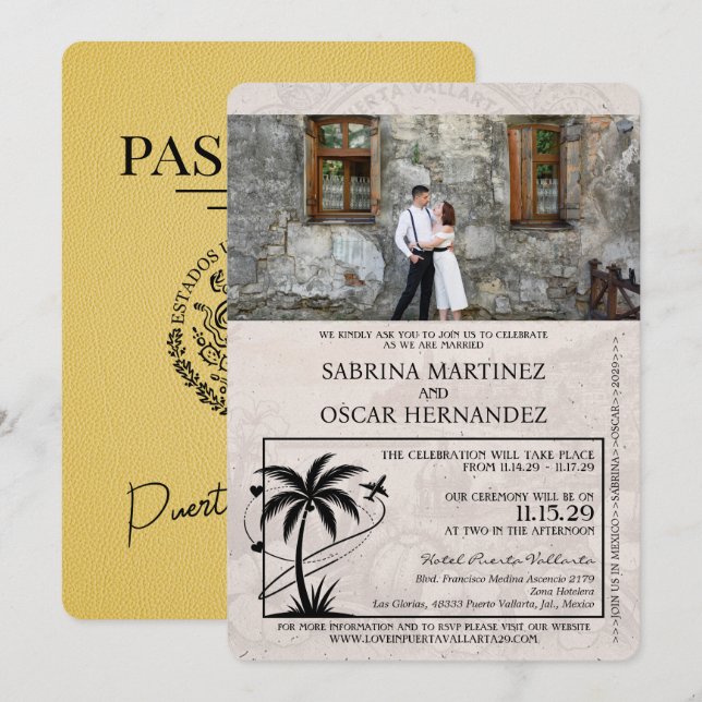 Yellow Puerta Vallarta Passport Wedding Einladung (Vorne/Hinten)