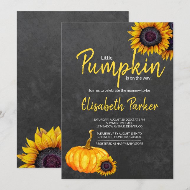 Yellow Pumpkin Sonnenblumen Chalkboard Babydusche Einladung (Vorne/Hinten)