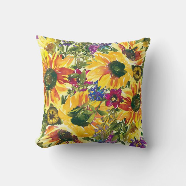 Yellow Purple Flowers Boho Watercolor Kissen (Vorderseite)
