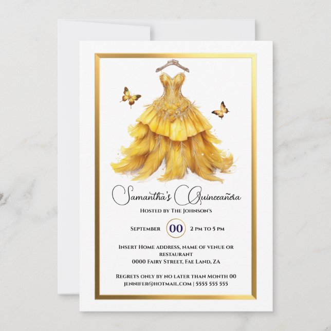 Yellow Quinceañera Ballgow Gold Schmetterling eleg Einladung (Vorderseite)