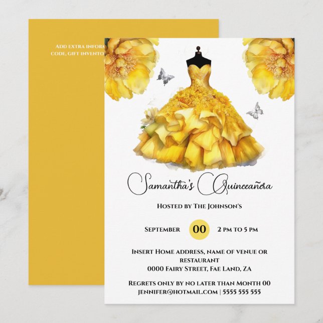 Yellow Quinceañera Ballgow Peony Blume Einladung (Vorne/Hinten)