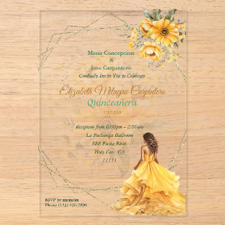 Yellow Quinceñera Floral Acryleinladungen