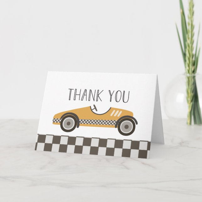 Yellow Race Car Baby Dusche Dankeskarte (Vorderseite)