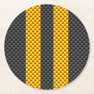 Yellow Racing Stripes Carbon Fiber Style Runder Pappuntersetzer