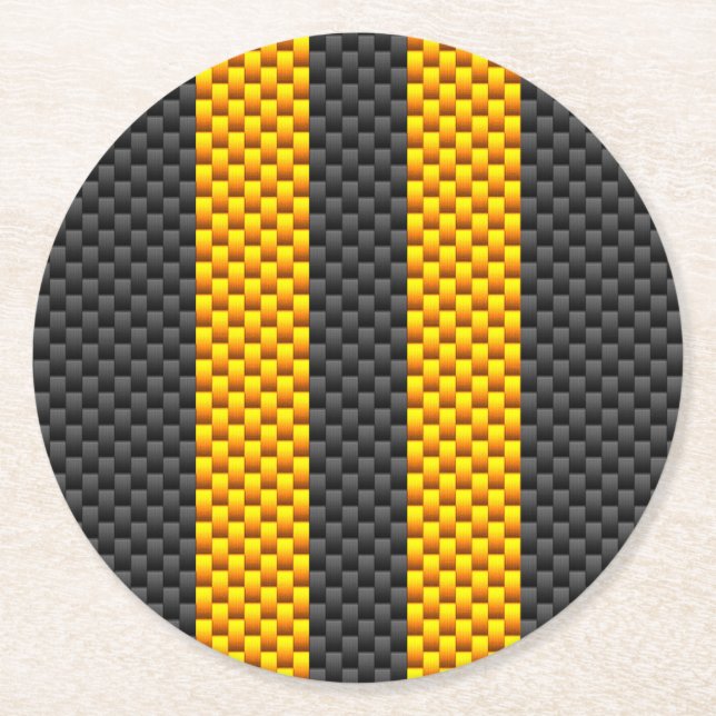 Yellow Racing Stripes Carbon Fiber Style Runder Pappuntersetzer (Vorderseite)