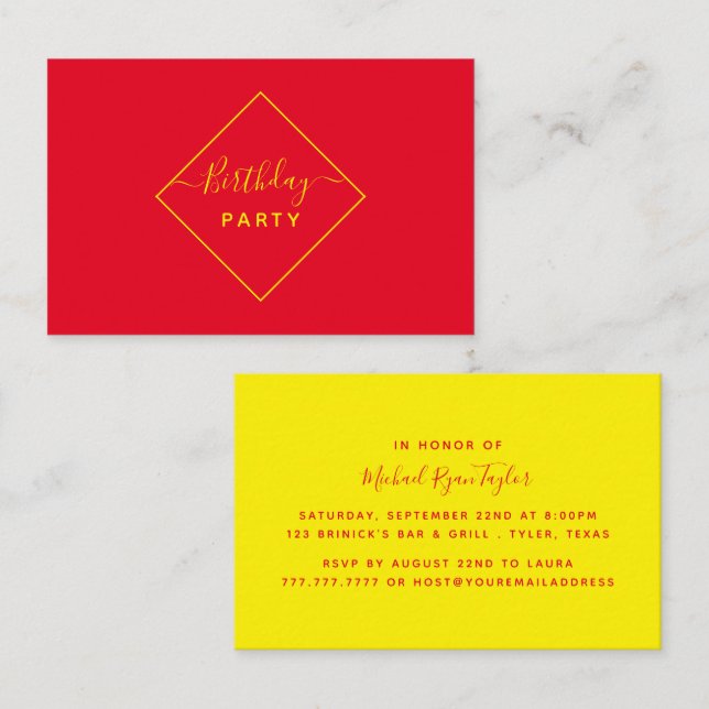 Yellow & Red Diamond Geburtstagsparty Ticket (Vorne/Hinten)