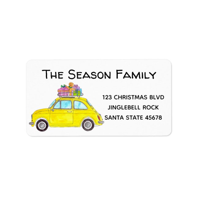 Yellow Retro Fiat 500 mit Weihnachtsgeschenken Adressaufkleber (Vorne)