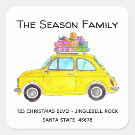 Yellow Retro Fiat 500 mit Weihnachtsgeschenken Quadratischer Aufkleber