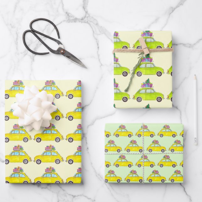 Yellow Retro Fiat 500 Weihnachtsgeschenke Wasserfa Geschenkpapier Set (Vorderseite)