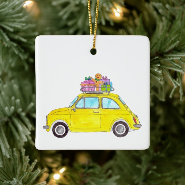 Yellow Retro Fiat 500 Weihnachtsgeschenke Wasserfa Keramikornament (Baum)