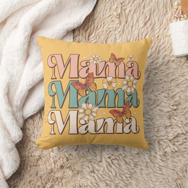 Yellow Retro Floral Butterfly Mama Typografie Kissen (Decke)