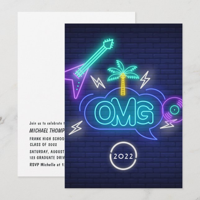 Yellow Retro Music Neon Signature Graduation Party Einladung (Vorne/Hinten)