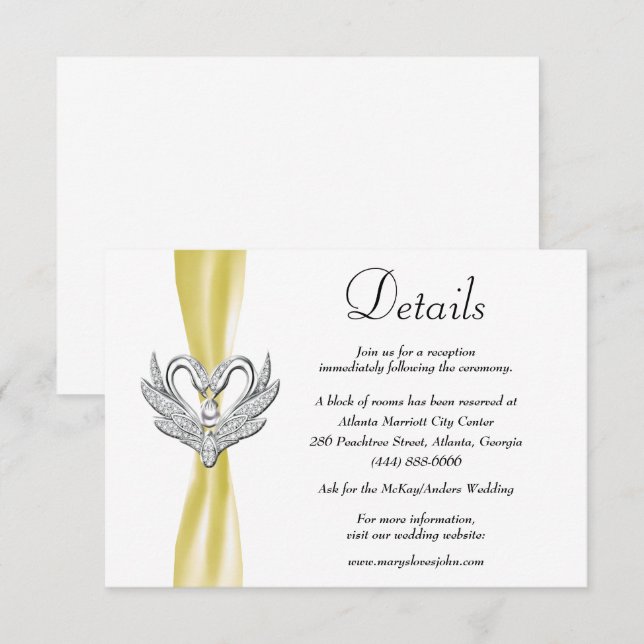 Yellow Ribbon Silver Swans Hochzeitdetails Begleitkarte (Vorne/Hinten)