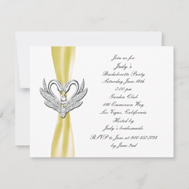 Yellow Ribbon Silver Swans Junggeselinnen-Abschied Einladung (Vorderseite)