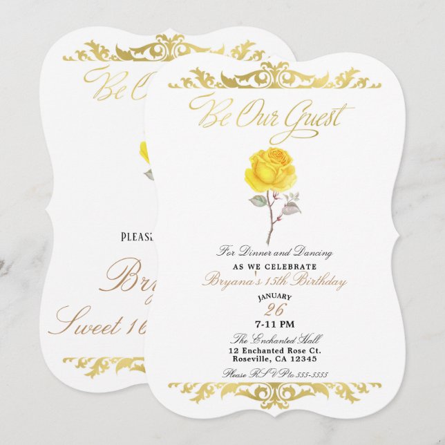 Yellow Rose & Elegante Gold Geburtstagsparty Einladung (Vorne/Hinten)