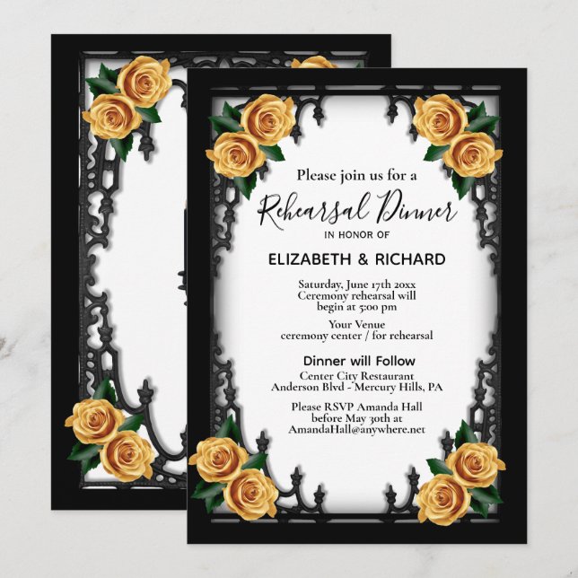 Yellow Rose Gothic Probe Dinner White Einladung (Vorne/Hinten)