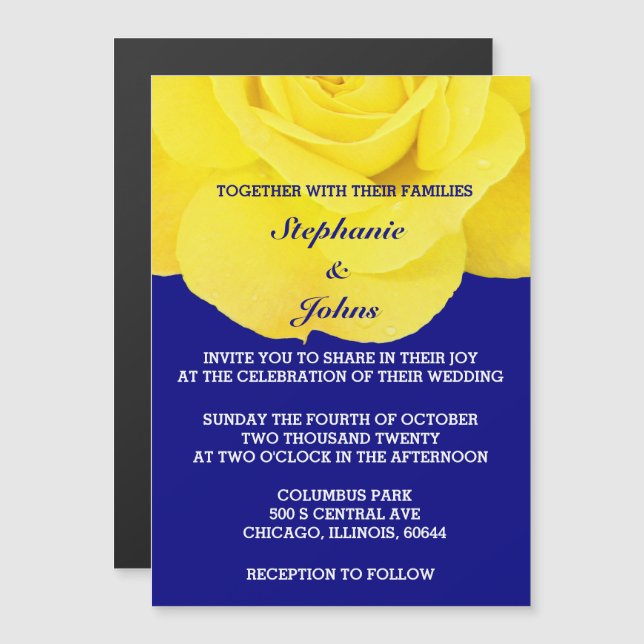 Yellow Rose Navy Blue Floral White Einzigartige Ho Magneteinladung (Vorne/Hinten)