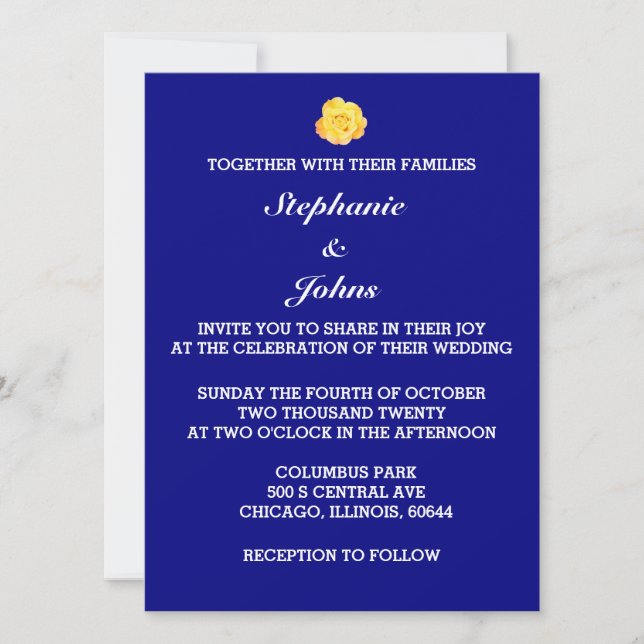 Yellow Rose Navy Blue Floral White Wedding Trendy Einladung (Vorderseite)