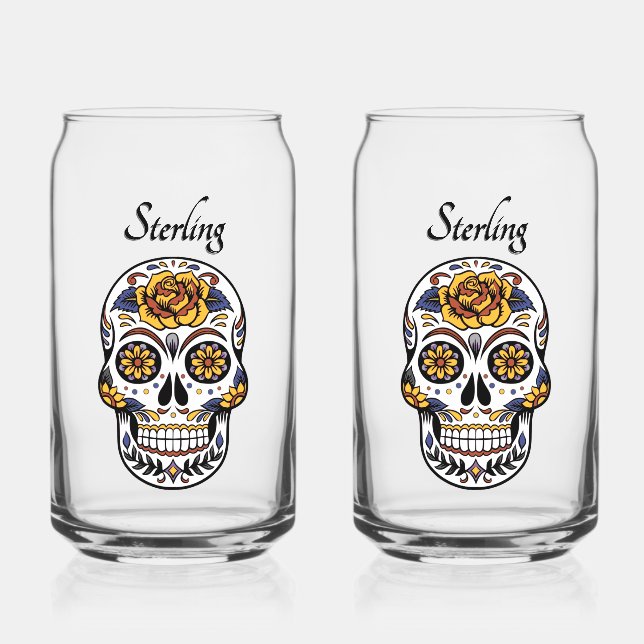 Yellow Rose Sugar Skull Custom Script Dosenglas (Vorderseite)