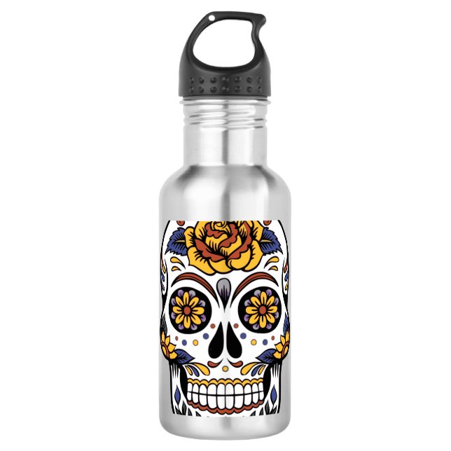 Yellow Rose Sugar Skull Edelstahlflasche (Vorderseite)
