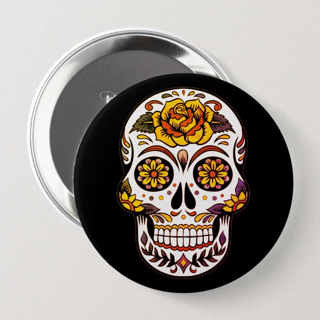 Yellow Rose Sugar Skull on Black Button (Vorne & Hinten)
