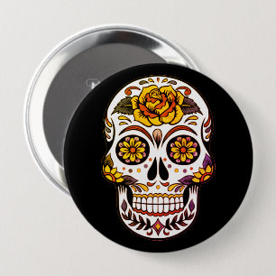Yellow Rose Sugar Skull on Black Button
