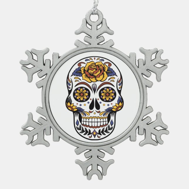 Yellow Rose Sugar Skull Schneeflocken Zinn-Ornament (Vorderseite)