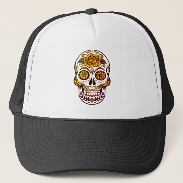 Yellow Rose Sugar Skull Truckerkappe (Vorderseite)