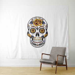 Yellow Rose Sugar Skull Wandteppich