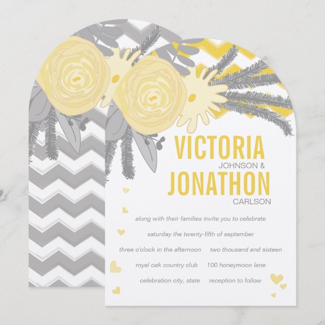 Yellow Rose und Ferns Gray Zig Zag Wedding Einladung (Vorne/Hinten)