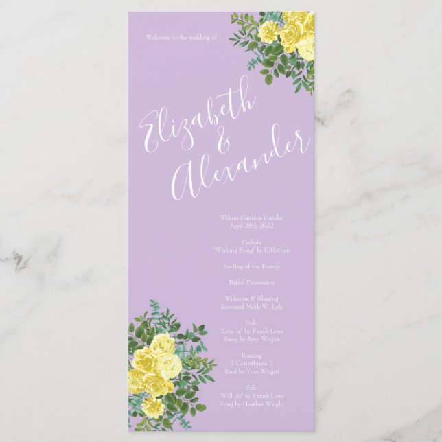 Yellow Rose Vintage Wedding Lila Menükarte (Vorderseite)