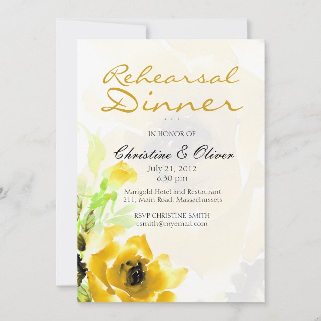 Yellow Rose Wedding Probe Dinner Card Einladung (Vorderseite)