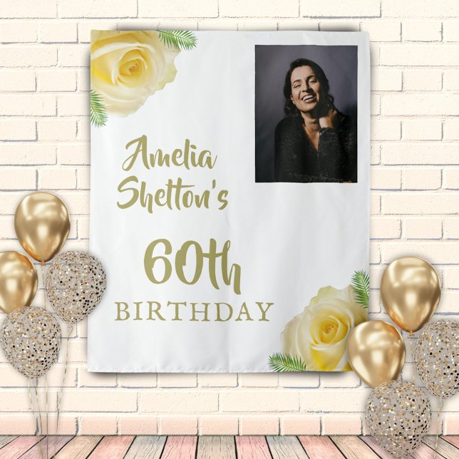 Yellow Roses Floral 60th Birthday Party Photo Wandteppich (Von Creator hochgeladen)