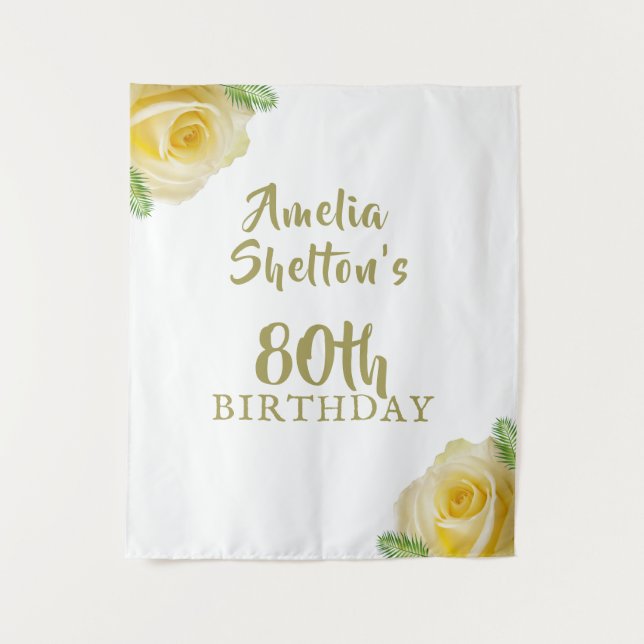 Yellow Roses Floral 80th Birthday Party Backdrop Wandteppich (Vorderseite)