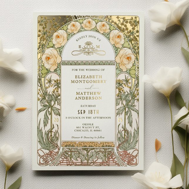 Yellow Roses Vintage Hochzeit Jugendstil Folieneinladung (Von Creator hochgeladen)